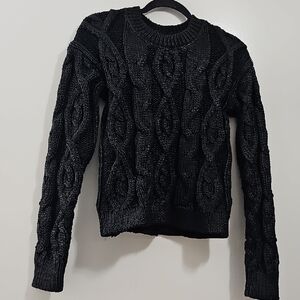 Kaari Blue Black Cable Knit Crewneck Sweater